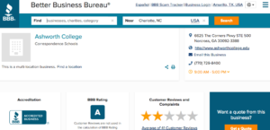Ashworth College: Better Business Bureau an A rating